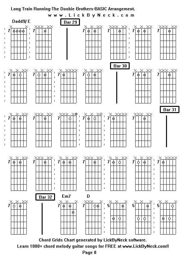 Chord Grids Chart of chord melody fingerstyle guitar song-Long Train Running-The Doobie Brothers-BASIC Arrangement,generated by LickByNeck software.